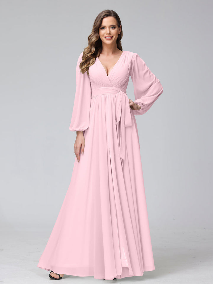 Ligne A Col en V Manches Longues Mousseline Long Robes de Demoiselle d'Honneur avec Froufrous Côté Divisé