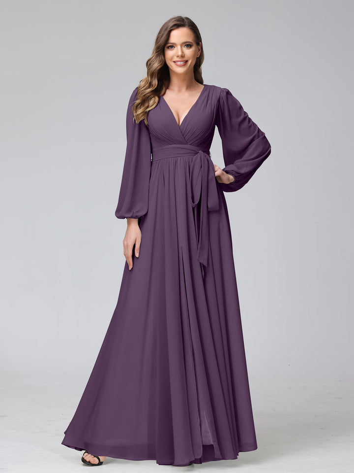 Ligne A Col en V Manches Longues Mousseline Long Robes de Demoiselle d'Honneur avec Froufrous Côté Divisé