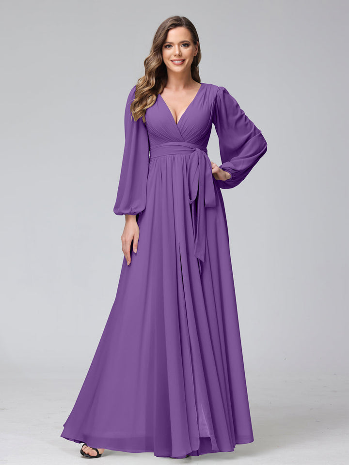 Ligne A Col en V Manches Longues Mousseline Long Robes de Demoiselle d'Honneur avec Froufrous Côté Divisé