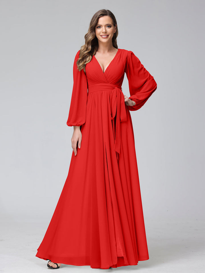 Ligne A Col en V Manches Longues Mousseline Long Robes de Demoiselle d'Honneur avec Froufrous Côté Divisé