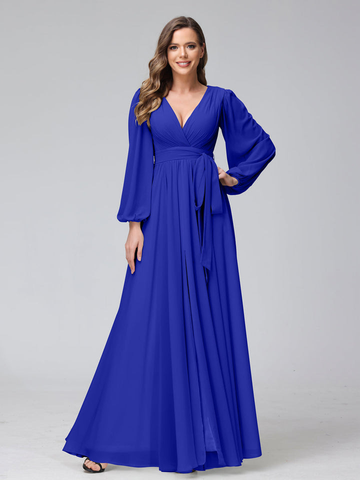 Ligne A Col en V Manches Longues Mousseline Long Robes de Demoiselle d'Honneur avec Froufrous Côté Divisé