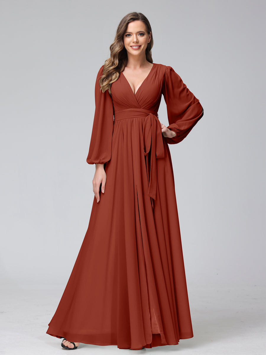 Ligne A Col en V Manches Longues Mousseline Long Robes de Demoiselle d'Honneur avec Froufrous Côté Divisé