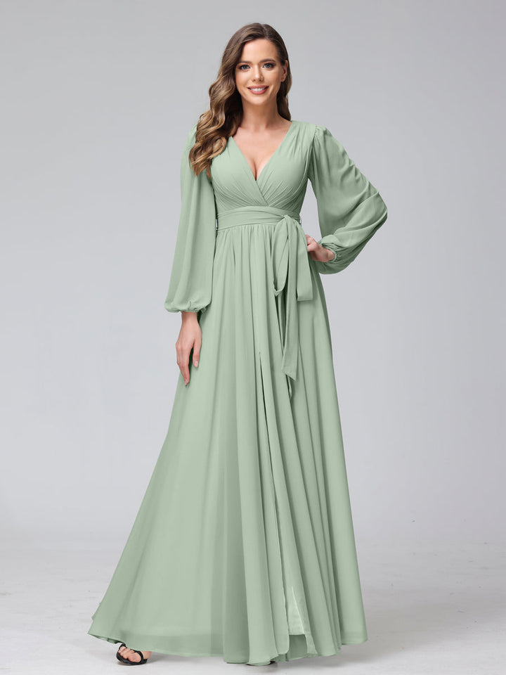 Ligne A Col en V Manches Longues Mousseline Long Robes de Demoiselle d'Honneur avec Froufrous Côté Divisé