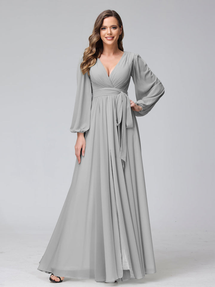 Ligne A Col en V Manches Longues Mousseline Long Robes de Demoiselle d'Honneur avec Froufrous Côté Divisé