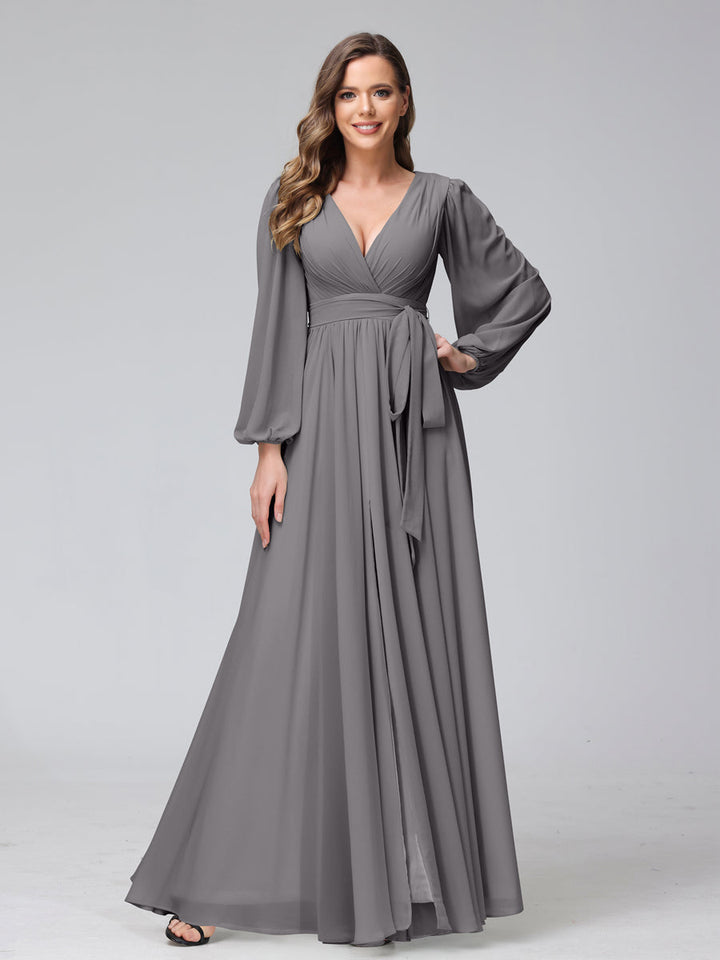 Ligne A Col en V Manches Longues Mousseline Long Robes de Demoiselle d'Honneur avec Froufrous Côté Divisé