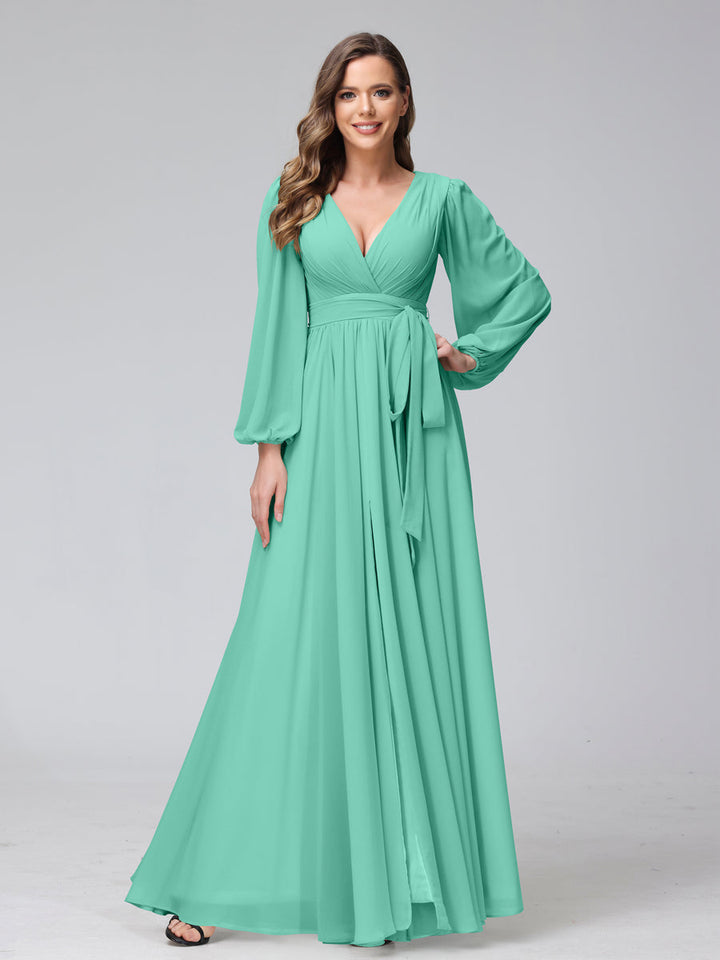 Ligne A Col en V Manches Longues Mousseline Long Robes de Demoiselle d'Honneur avec Froufrous Côté Divisé