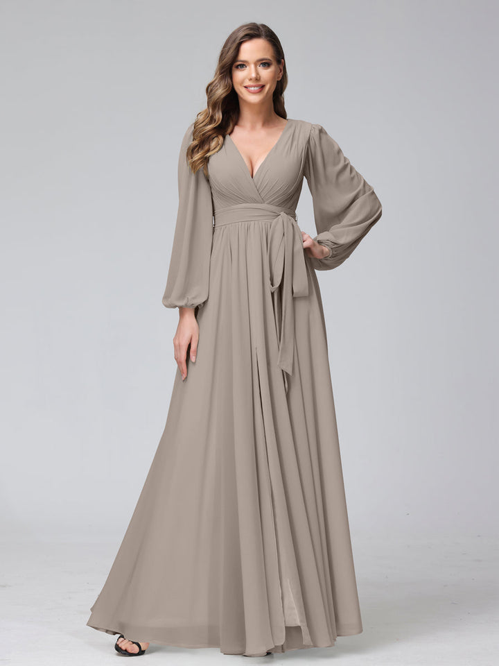 Ligne A Col en V Manches Longues Mousseline Long Robes de Demoiselle d'Honneur avec Froufrous Côté Divisé