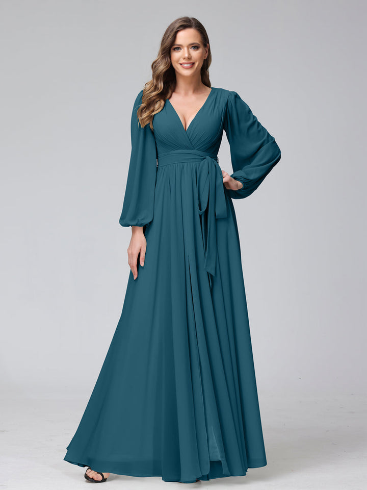 Ligne A Col en V Manches Longues Mousseline Long Robes de Demoiselle d'Honneur avec Froufrous Côté Divisé