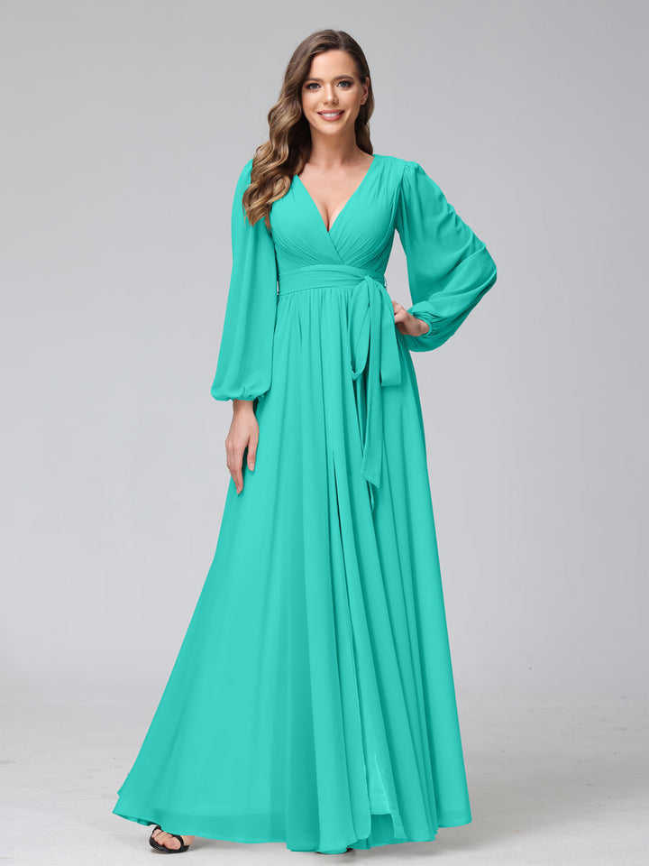 Ligne A Col en V Manches Longues Mousseline Long Robes de Demoiselle d'Honneur avec Froufrous Côté Divisé
