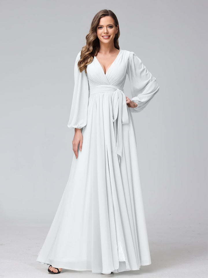 Ligne A Col en V Manches Longues Mousseline Long Robes de Demoiselle d'Honneur avec Froufrous Côté Divisé