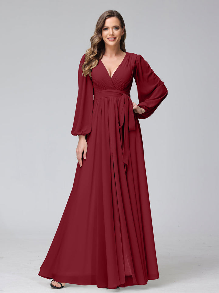 Ligne A Col en V Manches Longues Mousseline Long Robes de Demoiselle d'Honneur avec Froufrous Côté Divisé