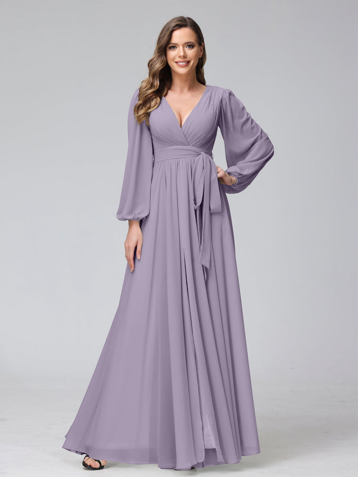 Ligne A Col en V Manches Longues Mousseline Long Robes de Demoiselle d'Honneur avec Froufrous Côté Divisé