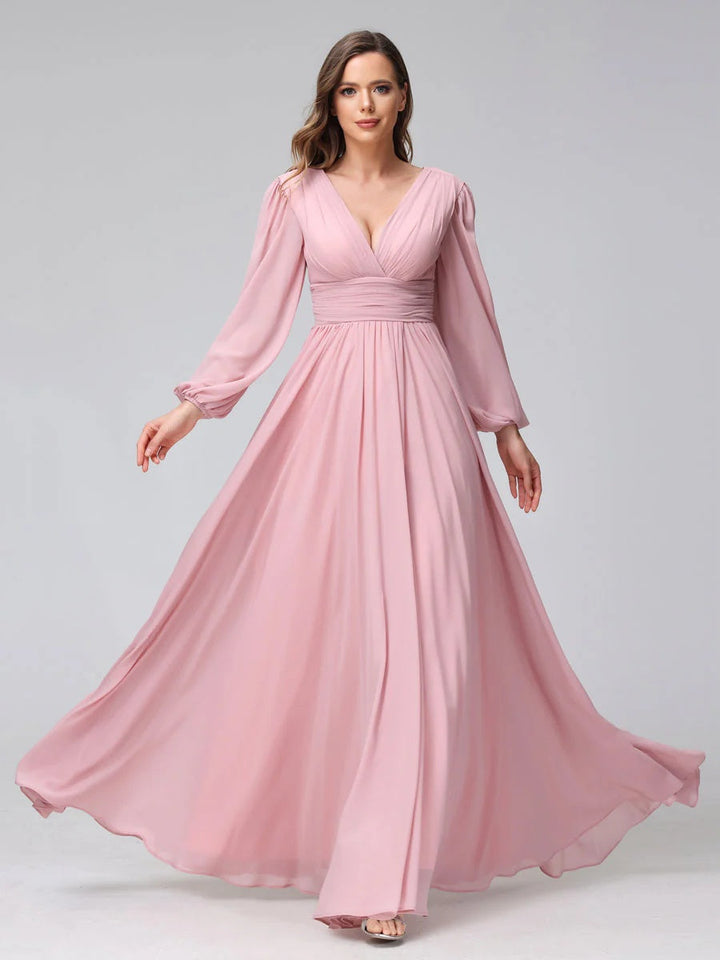 Ligne A/Princesse Col en V Manches Longues La Longueur du Sol Bridemaid Robes avec Côté Divisé & Les Poches