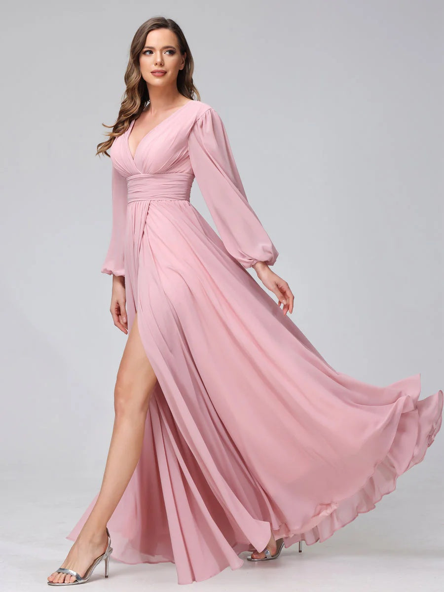 Ligne A/Princesse Col en V Manches Longues La Longueur du Sol Bridemaid Robes avec Côté Divisé & Les Poches