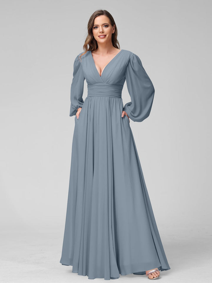 Ligne A/Princesse Col en V Manches Longues La Longueur du Sol Bridemaid Robes avec Côté Divisé & Les Poches