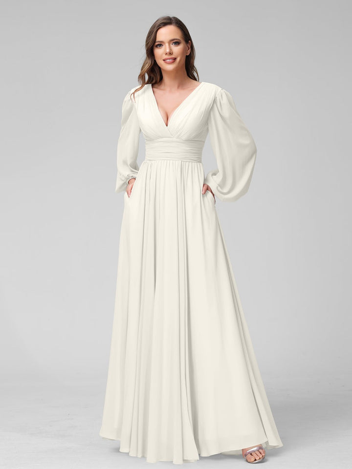 Ligne A/Princesse Col en V Manches Longues La Longueur du Sol Bridemaid Robes avec Côté Divisé & Les Poches