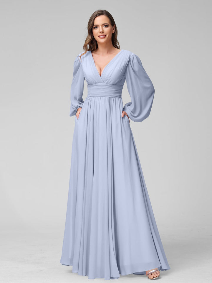 Ligne A/Princesse Col en V Manches Longues La Longueur du Sol Bridemaid Robes avec Côté Divisé & Les Poches