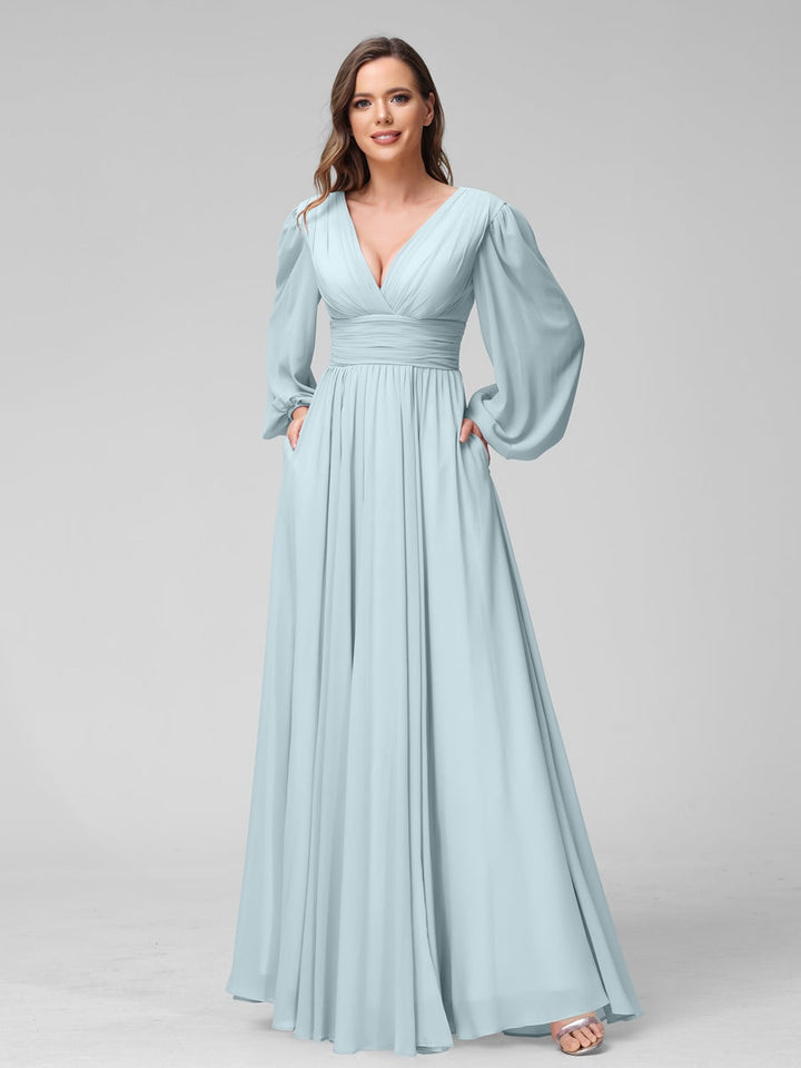 Ligne A/Princesse Col en V Manches Longues La Longueur du Sol Bridemaid Robes avec Côté Divisé & Les Poches