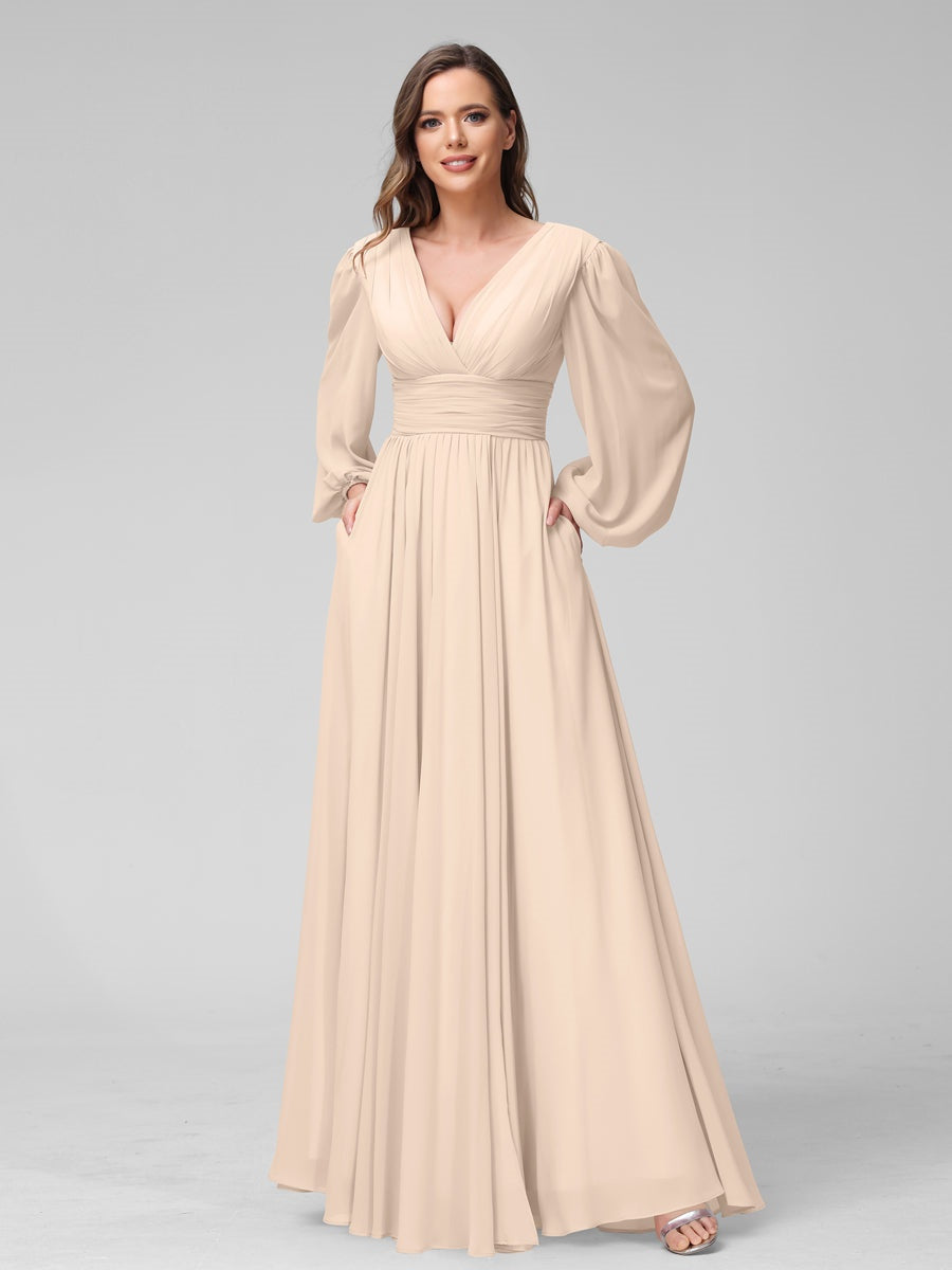 Ligne A/Princesse Col en V Manches Longues La Longueur du Sol Bridemaid Robes avec Côté Divisé & Les Poches