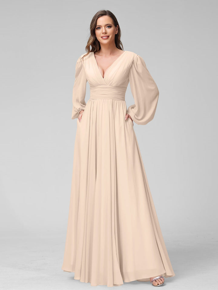 Ligne A/Princesse Col en V Manches Longues La Longueur du Sol Bridemaid Robes avec Côté Divisé & Les Poches