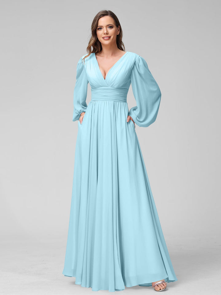 Ligne A/Princesse Col en V Manches Longues La Longueur du Sol Bridemaid Robes avec Côté Divisé & Les Poches