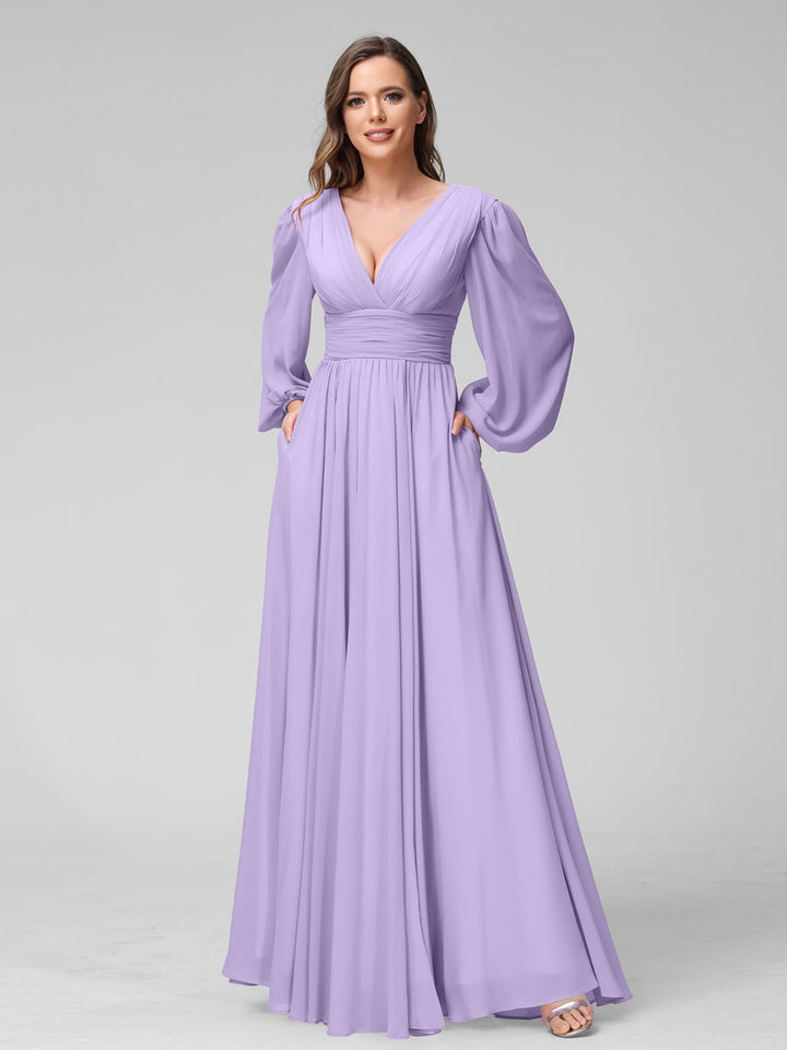 Ligne A/Princesse Col en V Manches Longues La Longueur du Sol Bridemaid Robes avec Côté Divisé & Les Poches