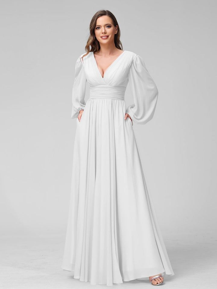 Ligne A/Princesse Col en V Manches Longues La Longueur du Sol Bridemaid Robes avec Côté Divisé & Les Poches
