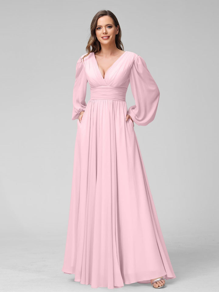 Ligne A/Princesse Col en V Manches Longues La Longueur du Sol Bridemaid Robes avec Côté Divisé & Les Poches