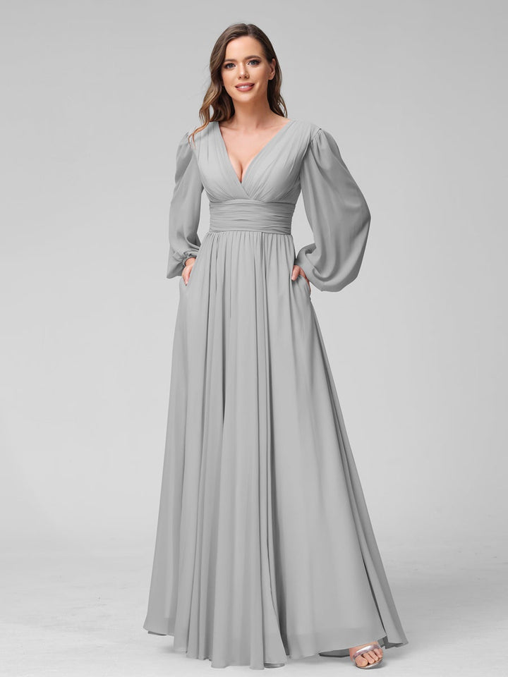 Ligne A/Princesse Col en V Manches Longues La Longueur du Sol Bridemaid Robes avec Côté Divisé & Les Poches