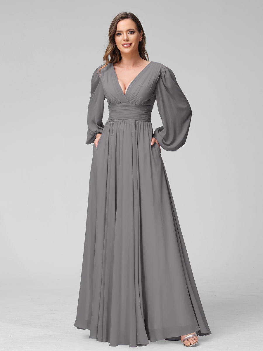 Ligne A/Princesse Col en V Manches Longues La Longueur du Sol Bridemaid Robes avec Côté Divisé & Les Poches