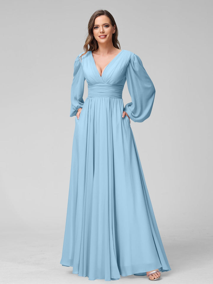 Ligne A/Princesse Col en V Manches Longues La Longueur du Sol Bridemaid Robes avec Côté Divisé & Les Poches