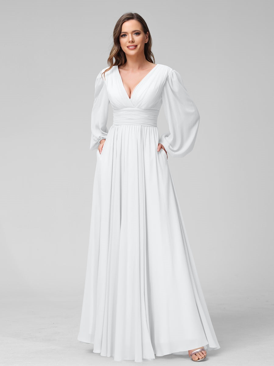Ligne A/Princesse Col en V Manches Longues La Longueur du Sol Bridemaid Robes avec Côté Divisé & Les Poches