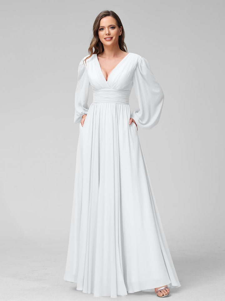Ligne A/Princesse Col en V Manches Longues La Longueur du Sol Bridemaid Robes avec Côté Divisé & Les Poches