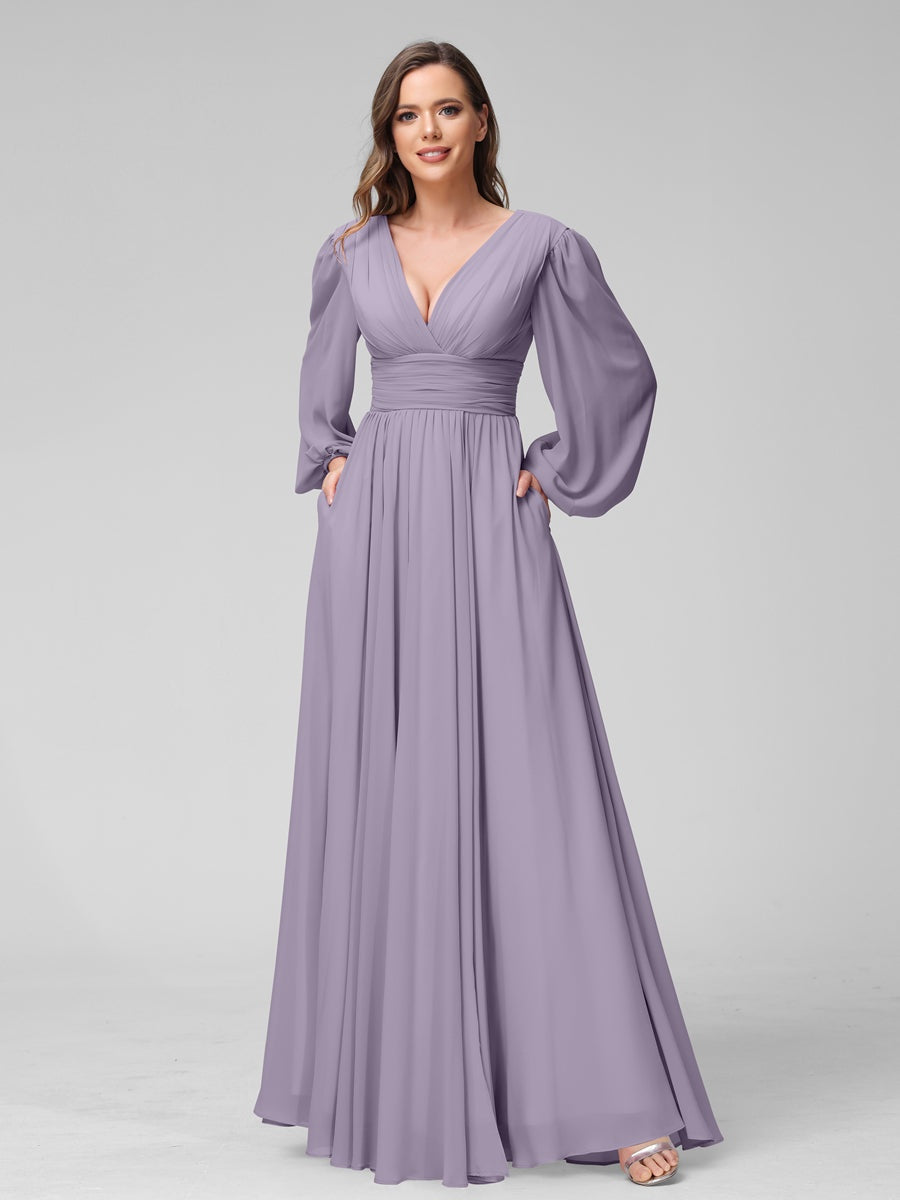 Ligne A/Princesse Col en V Manches Longues La Longueur du Sol Bridemaid Robes avec Côté Divisé & Les Poches