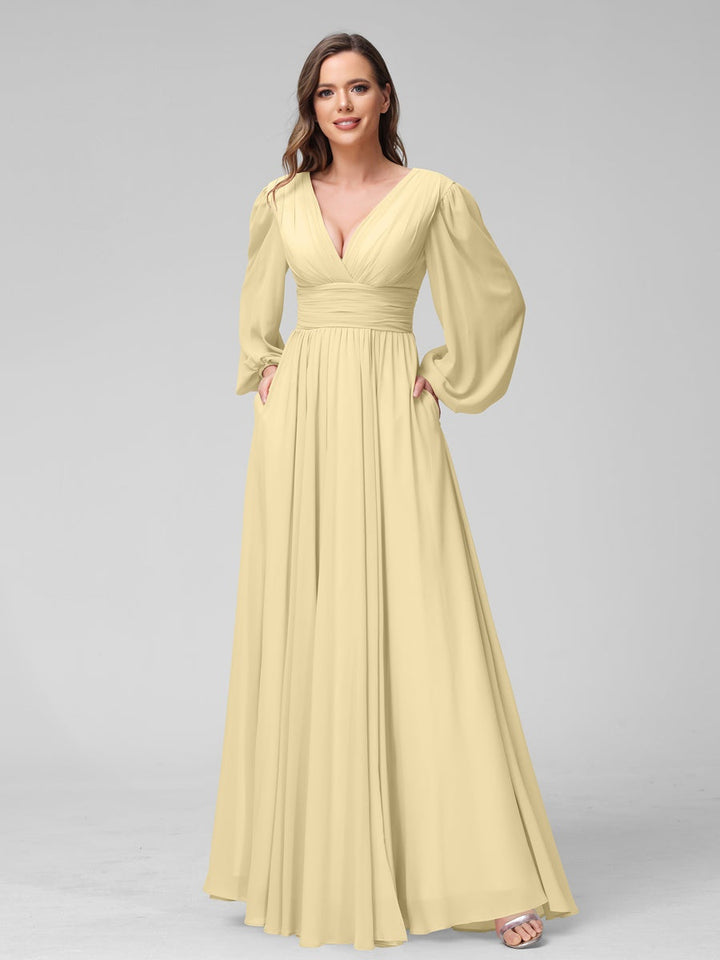 Ligne A/Princesse Col en V Manches Longues La Longueur du Sol Bridemaid Robes avec Côté Divisé & Les Poches