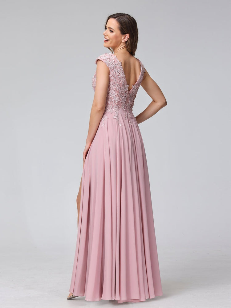 Ligne A/Princesse Col en V Sans Manches Mousseline LongBridemaid Robes avec Asymétrique Côté Divisé