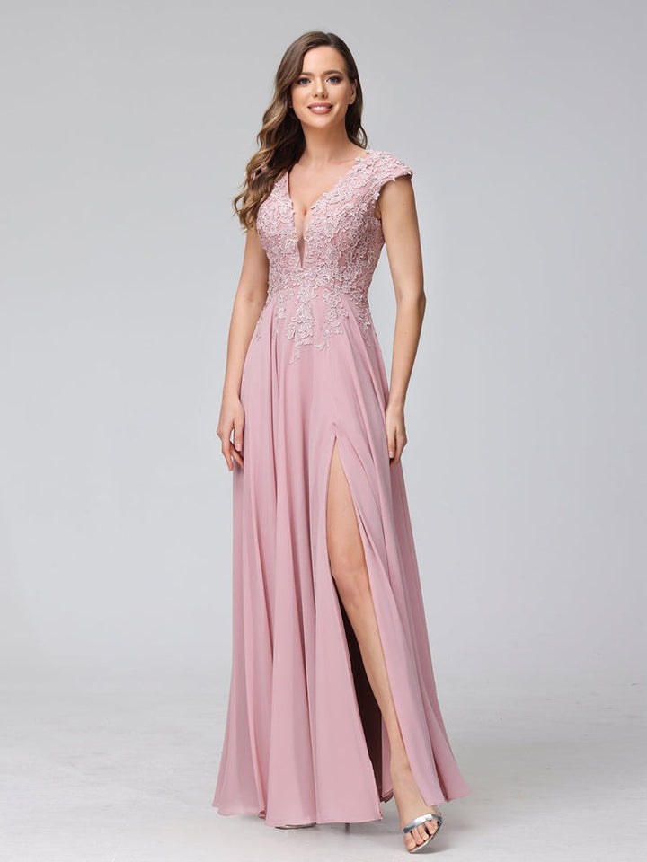 Ligne A/Princesse Col en V Sans Manches Mousseline LongBridemaid Robes avec Asymétrique Côté Divisé