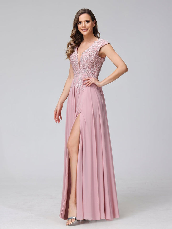 Ligne A/Princesse Col en V Sans Manches Mousseline LongBridemaid Robes avec Asymétrique Côté Divisé