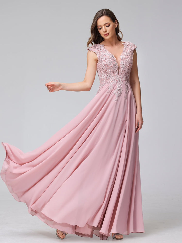Ligne A/Princesse Col en V Sans Manches Mousseline LongBridemaid Robes avec Asymétrique Côté Divisé