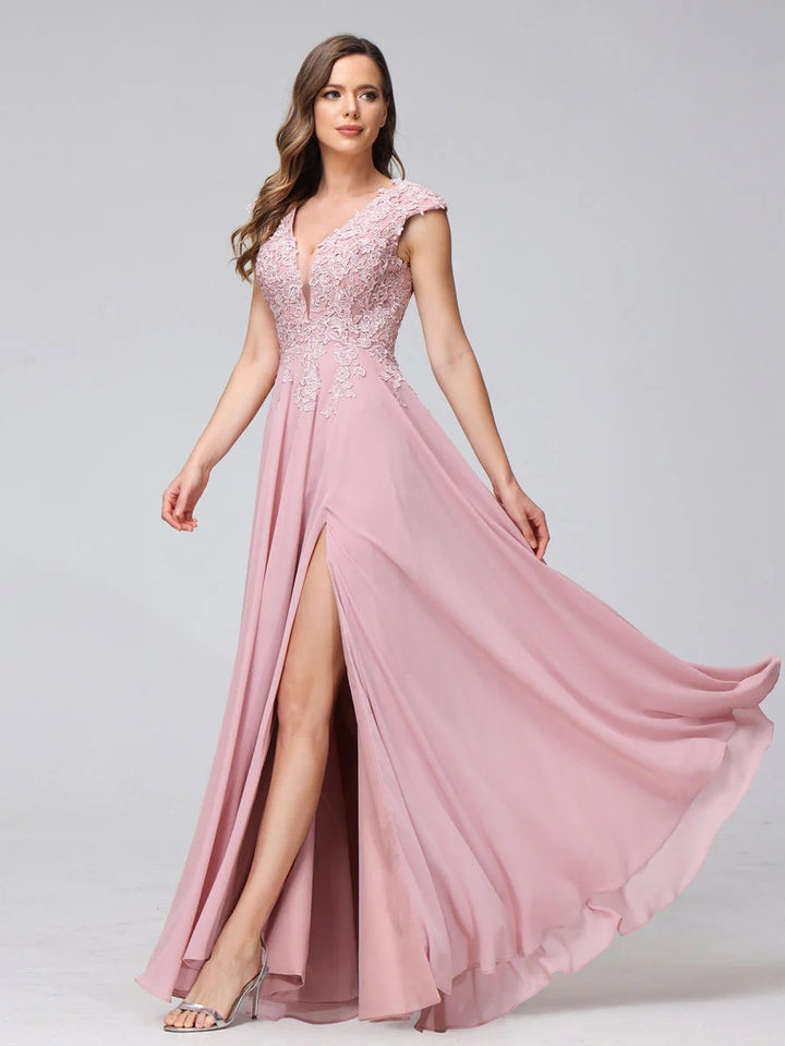 Ligne A/Princesse Col en V Sans Manches Mousseline LongBridemaid Robes avec Asymétrique Côté Divisé