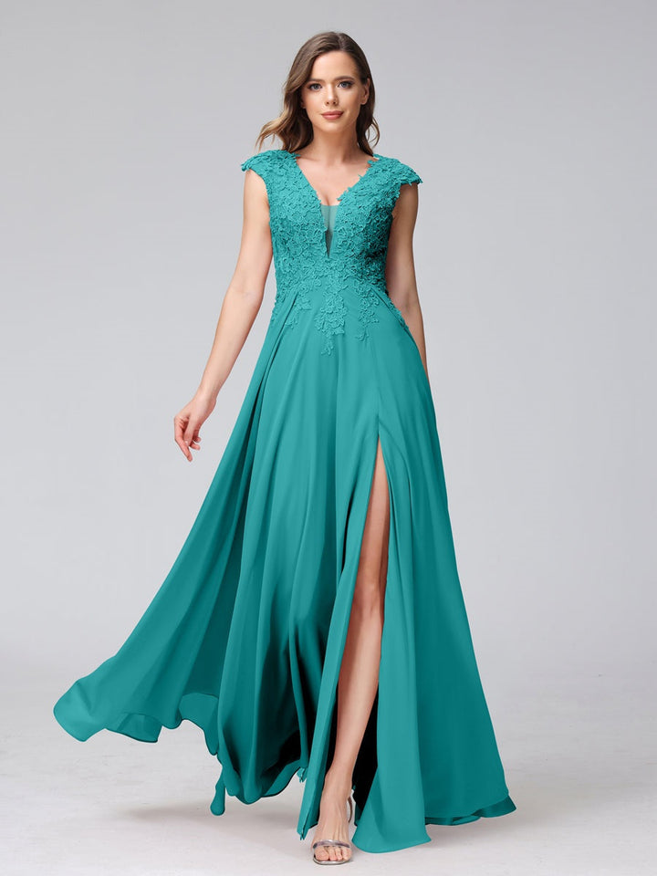 Ligne A/Princesse Col en V Sans Manches Mousseline LongBridemaid Robes avec Asymétrique Côté Divisé