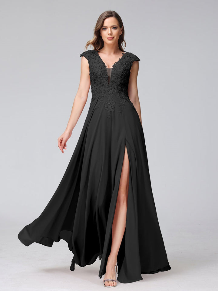 Ligne A/Princesse Col en V Sans Manches Mousseline LongBridemaid Robes avec Asymétrique Côté Divisé