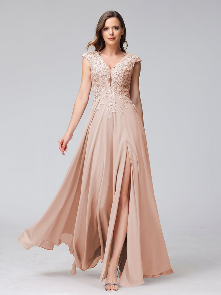 Ligne A/Princesse Col en V Sans Manches Mousseline LongBridemaid Robes avec Asymétrique Côté Divisé
