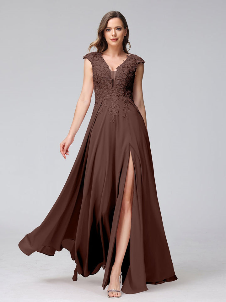 Ligne A/Princesse Col en V Sans Manches Mousseline LongBridemaid Robes avec Asymétrique Côté Divisé