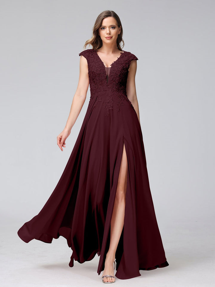 Ligne A/Princesse Col en V Sans Manches Mousseline LongBridemaid Robes avec Asymétrique Côté Divisé