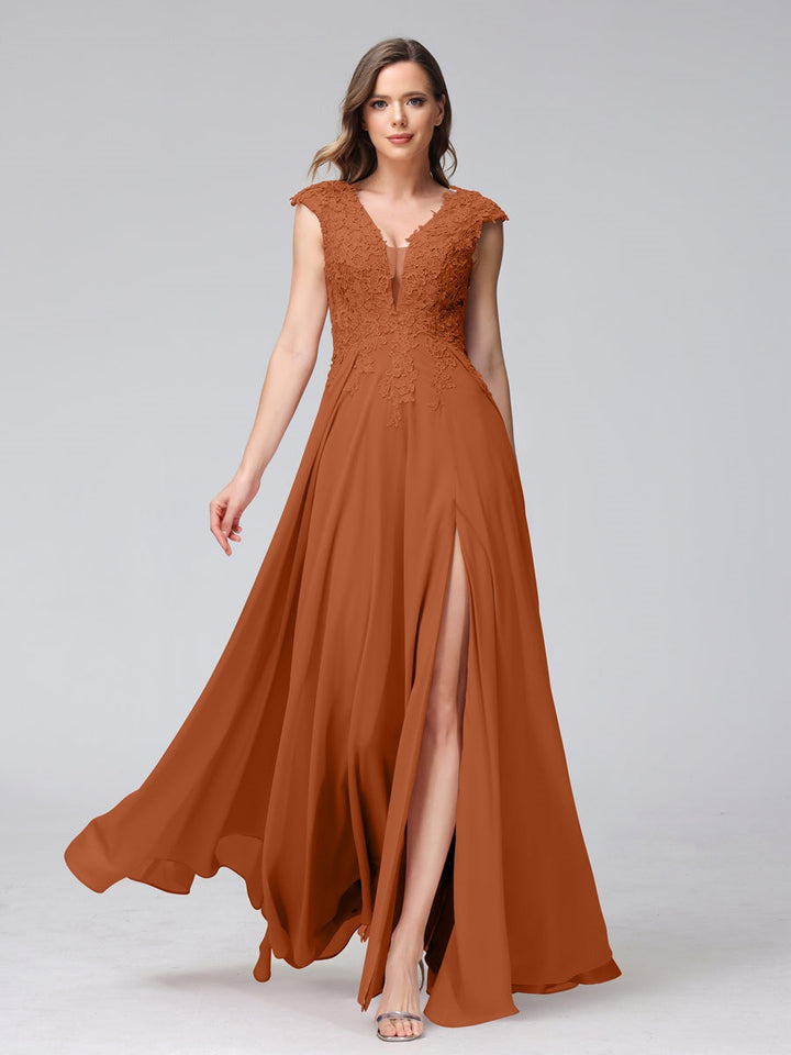 Ligne A/Princesse Col en V Sans Manches Mousseline LongBridemaid Robes avec Asymétrique Côté Divisé