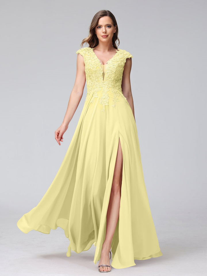 Ligne A/Princesse Col en V Sans Manches Mousseline LongBridemaid Robes avec Asymétrique Côté Divisé