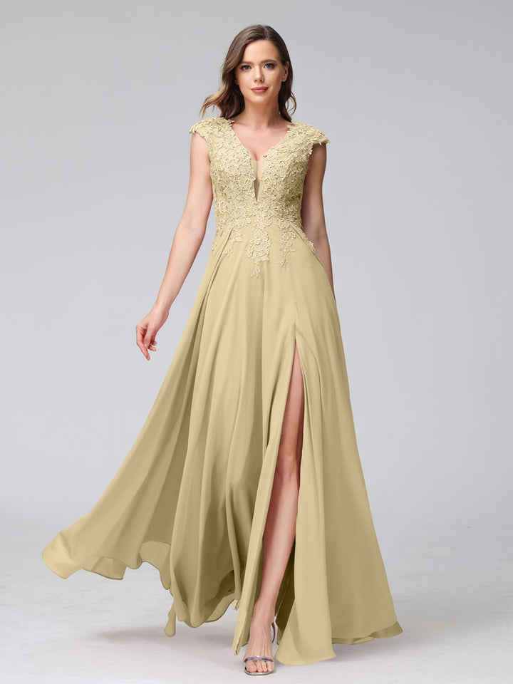 Ligne A/Princesse Col en V Sans Manches Mousseline LongBridemaid Robes avec Asymétrique Côté Divisé