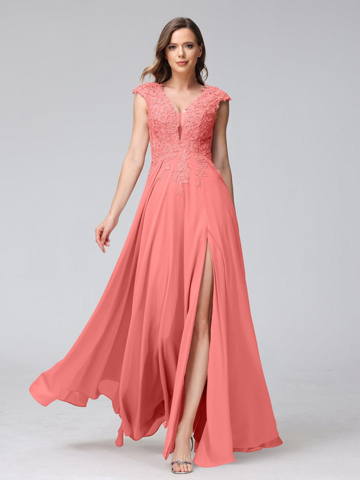 Ligne A/Princesse Col en V Sans Manches Mousseline LongBridemaid Robes avec Asymétrique Côté Divisé