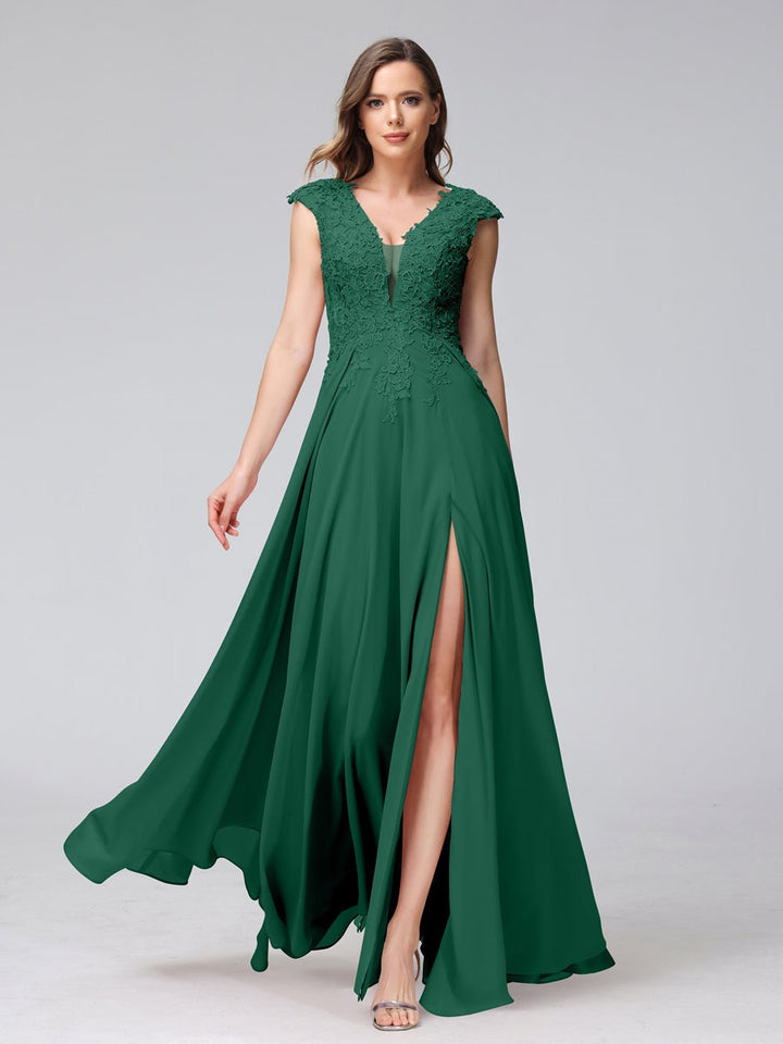 Ligne A/Princesse Col en V Sans Manches Mousseline LongBridemaid Robes avec Asymétrique Côté Divisé